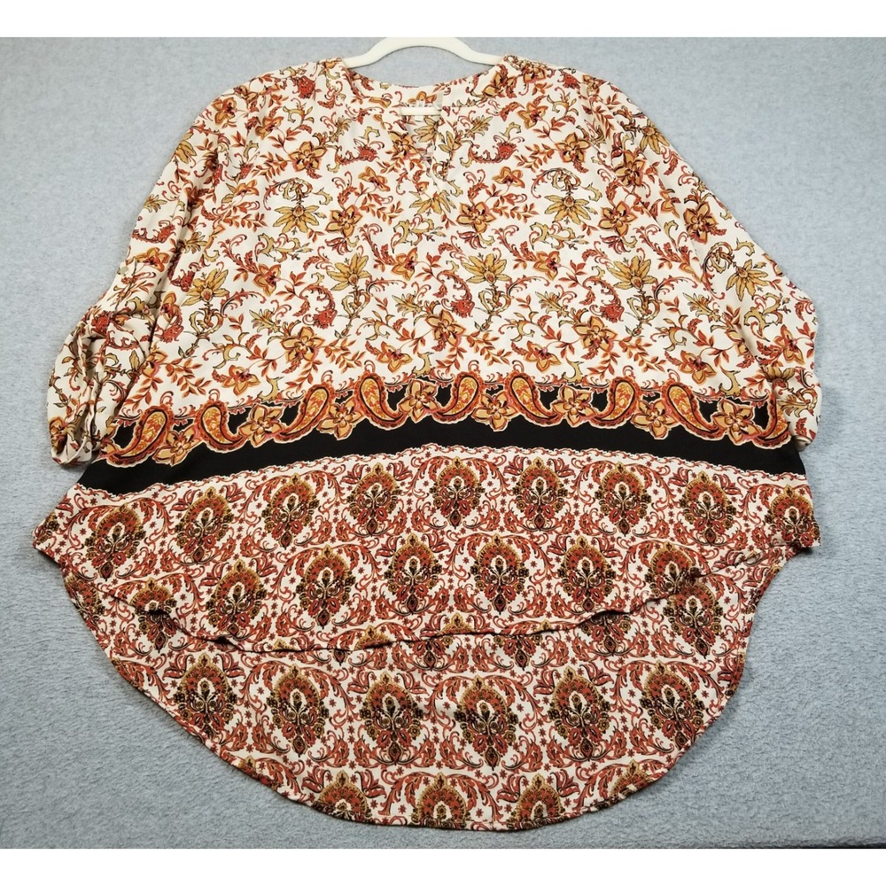 Cato Blouse Womens 18W 20W Orange White Floral Paisley Roll Tab High Low Top